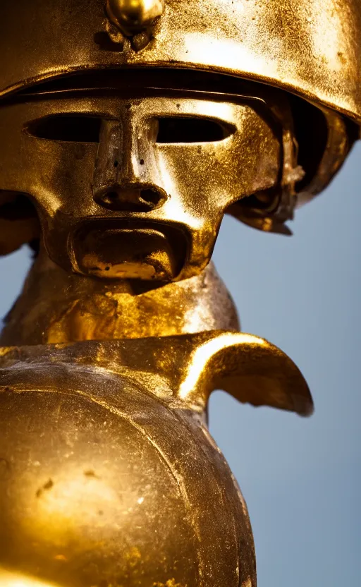 Image similar to a warrior wearing a corinthian helmet, museum photography, closeup, bokeh, golden hour