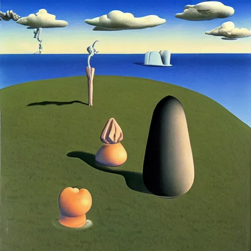 Image similar to A Surreal Landscape by Charles Addams and René Magritte