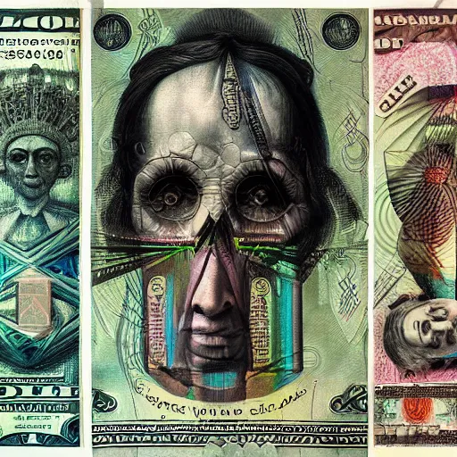 Image similar to new age album cover, asymmetrical design, dollar bank notes, capitalism, magic, apocalypse, psychedelic, black white pastel pink, slightly holographic, magic, giger h. r., giuseppe arcimboldo, highly detailed, intricate