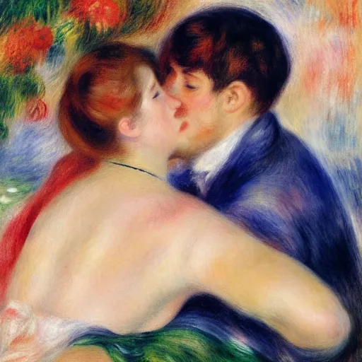 Image similar to art by renoir, real lgbt love, people wearing clothes