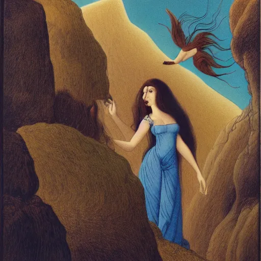 Image similar to Beautiful woman with long brown hair and a flowing dress standing on the ledge of a mountain, micheal parkes —H 768