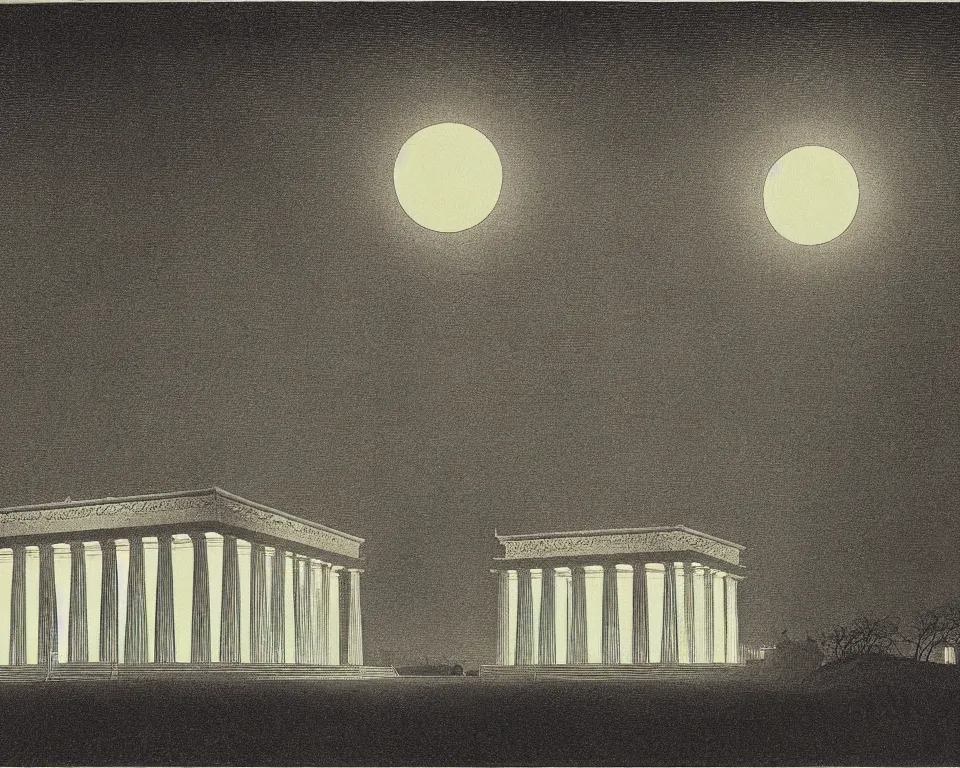 Prompt: beautiful print of the Lincoln Memorial bathed in moonlight by Hasui Kawase and Lyonel Feininger.