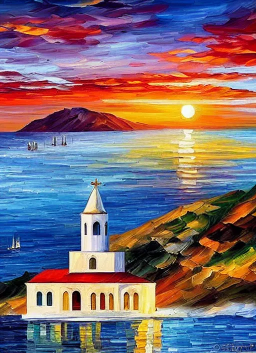 Prompt: beautiful seaside greek church and village at sunset in the style of leonid afremov