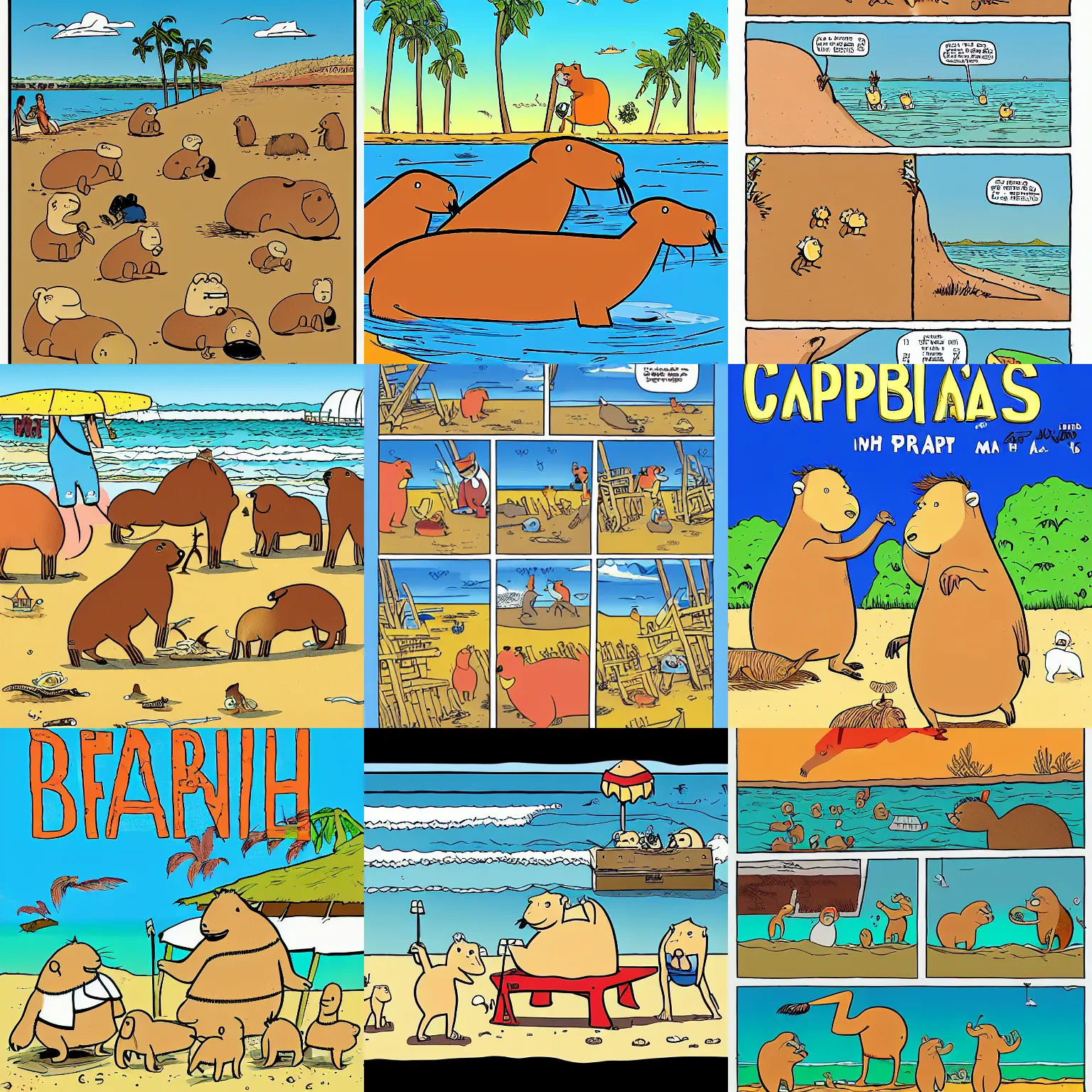 Prompt: capybaras having fun on the beach by Alan Moore and Martin Perscheid and Matt Groening, detailed, cartoon