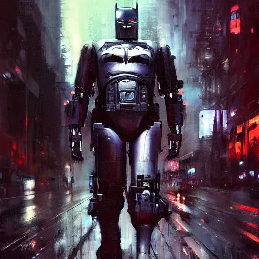 Image similar to cyberpunk robot batman painted by jeremy mann