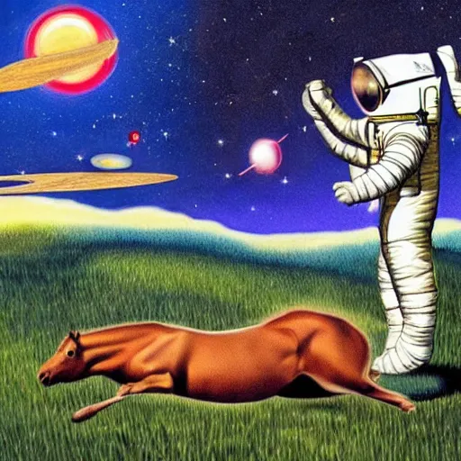 Prompt: surreal art astronaut standing on all fours and horsey stand on him