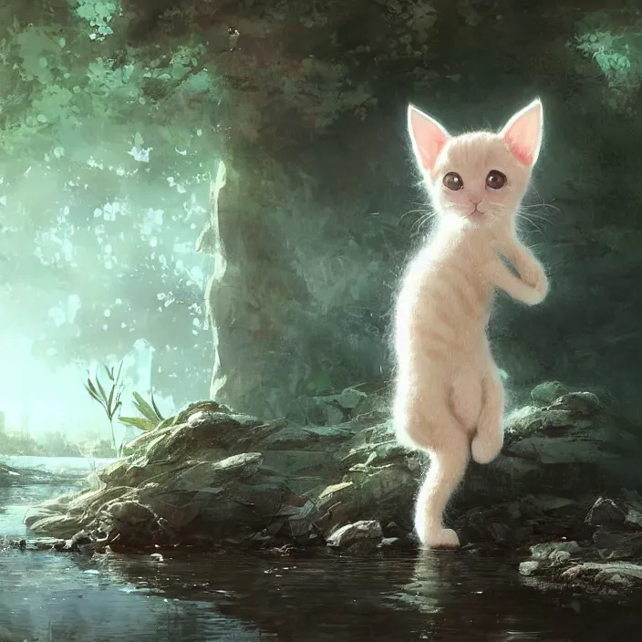 Image similar to a painting of a cute light beige kitten at a river. dark brown ears and face and legs and tail. white paws. character design by cory loftis, fenghua zhong, ryohei hase, ismail inceoglu and ruan jia. volumetric light, detailed, rendered in octane