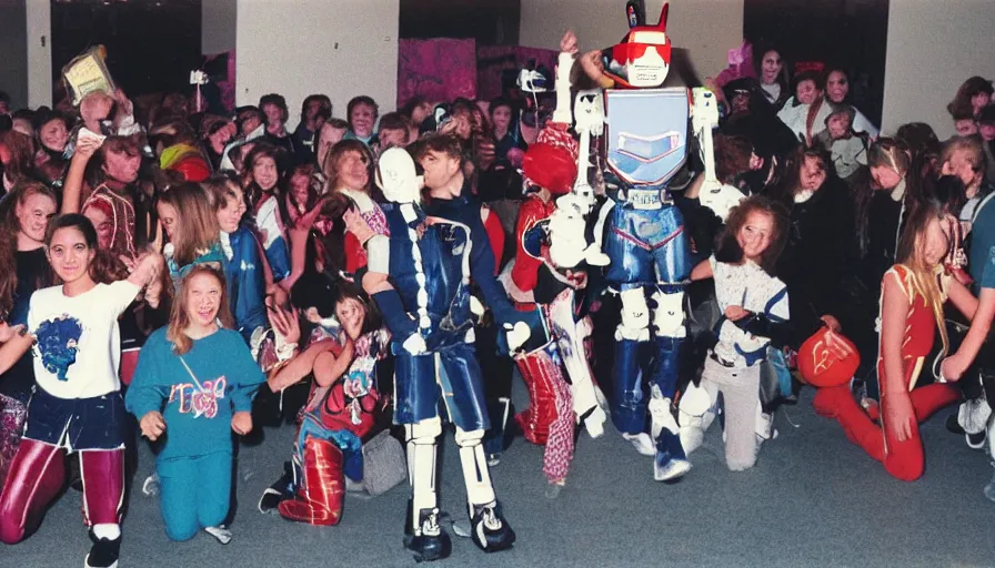 Image similar to 1990s candid photo of a middle school home coming dance with robot warrior rabbits, cinematic, UHD