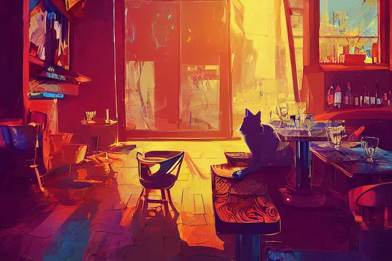 Prompt: a digital art of a cat sits on a chair in a bar in the afternoon, the sun shines in, animal, light effect, highly detailed, by anton fadeev