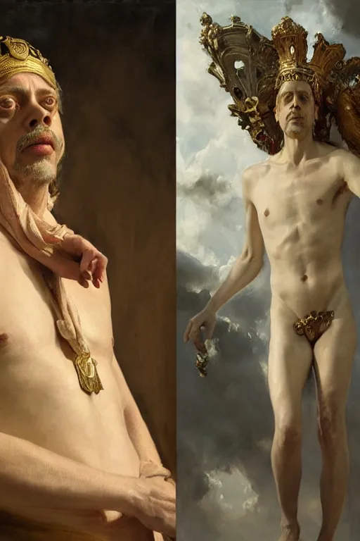 Image similar to beautiful oil painting portrait of ancient roman god emperor steve buscemi wearing the civic crown levitating and ascending religious pose, ascension, art by anders zorn, wonderful masterpiece by greg rutkowski, expressive brush strokes, beautiful cinematic light, american romanticism by greg manchess, jessica rossier