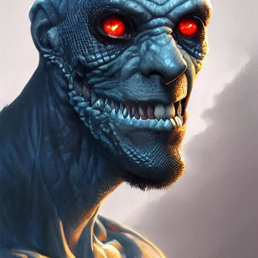 Image similar to a hyper realistic portrait painting of a half lizard half man, glowing eyes, creepy, backlight, horror vibe, real, realistic lighting in the style of greg rutkowski, trending on artstation,