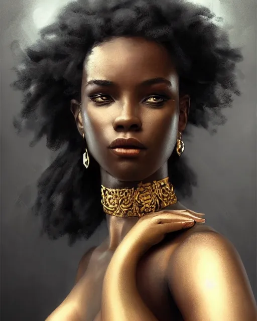 Image similar to Love as a beautiful black princess, gorgeous, portrait, powerful, intricate, beautiful, masterpiece, elegant, volumetric lighting, back lighting, rimlight, dramatic lighting, digital painting, highly detailed, artstation, sharp focus, illustration, Artgerm, Jean-Léon Gérôme , ruan jia