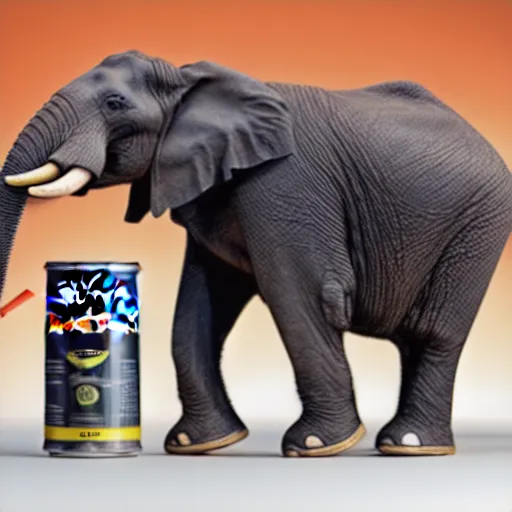 Image similar to product photography, a can of red bull on a table, an elephant is behind drinking the red bull through a straw