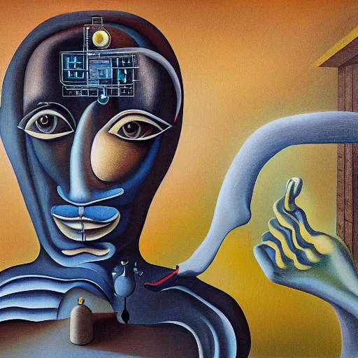 Image similar to a surrealist painting, self portrait of an artificial intelligence, in the style of salvador dali and remedios varo