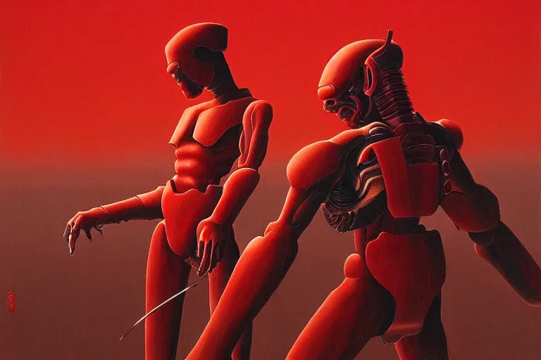 Image similar to only with red, a red cyborg samurai, tokio futuristic in background, some evil yokai fight, in the style of beksinski, parts by edward hopper, parts by rodcenko, parts by yue minjun, intricate and epic composition, red by caravaggio, insanely quality, highly detailed, masterpiece, red light, artstation, 4 k