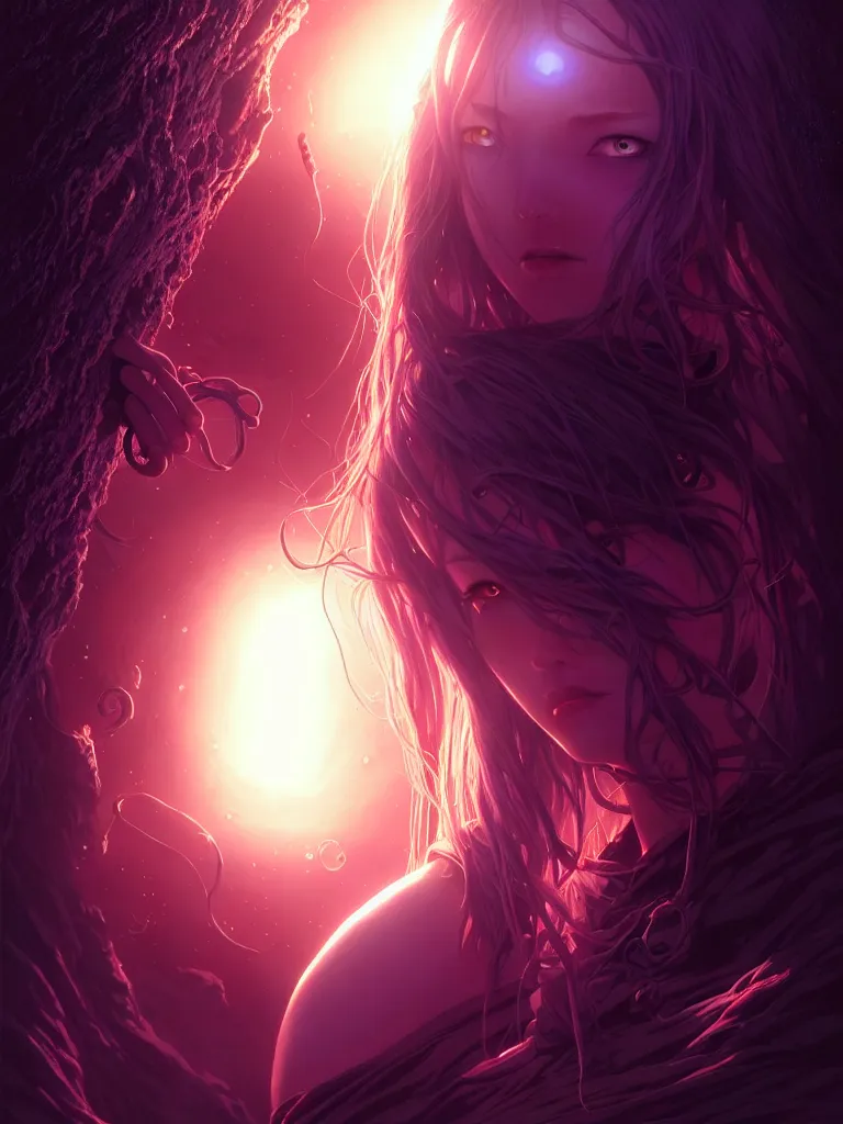 Image similar to azathoth girl save the earth, occlusion shadow, specular reflection, rim light, unreal engine, artgerm, artstation, art by hiroaki samura and ilya kuvshinov and ossdraws, intricate, highly detailed 8 k, cosmic horror illustration, extremely beautiful and aesthetic shape of face and body, movie poster