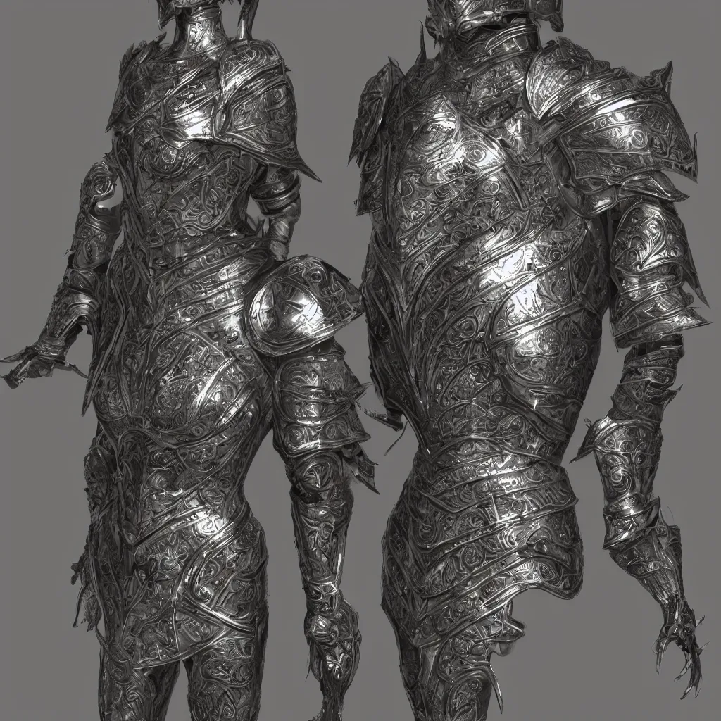 Prompt: 3 d rendered full suit of decorative female armor, filigree, lord of the rings, elder scrolls, detailed, art station, unreal engine