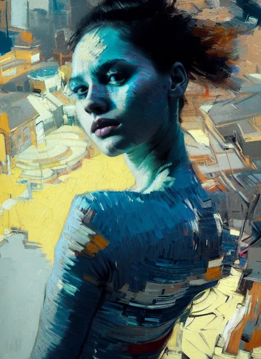 Image similar to portrait of beautiful girl, ecstatic, dancing, eyes closed, shades of blue and grey, new yotk backdrop, beautiful face, rule of thirds, intricate outfit, spotlight, by greg rutkowski, by jeremy mann, by francoise nielly, by van gogh, digital painting