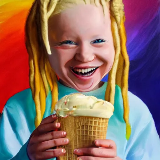 Prompt: a happy little albino girl with blonde dreads eating ice cream smiling, sitting ontop of a rainbow, high quality, detailed oil painting