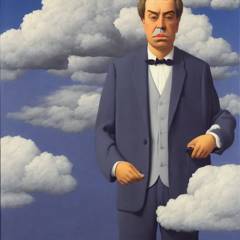 Image similar to portrait of a man made out of clouds in a suit, by rene magritte, detailed painting, hd, hq, high resolution, high detail, 4 k, 8 k