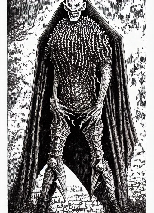 Image similar to the cenobite pinhead as a d & d monster, pen - and - ink illustration, etching, by russ nicholson, david a trampier, larry elmore, 1 9 8 1, hq scan, intricate details, high contrast