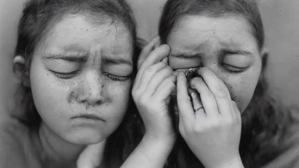 Prompt: scanning electron microscope potable portrait of a crying lady 1 6 years old, with office