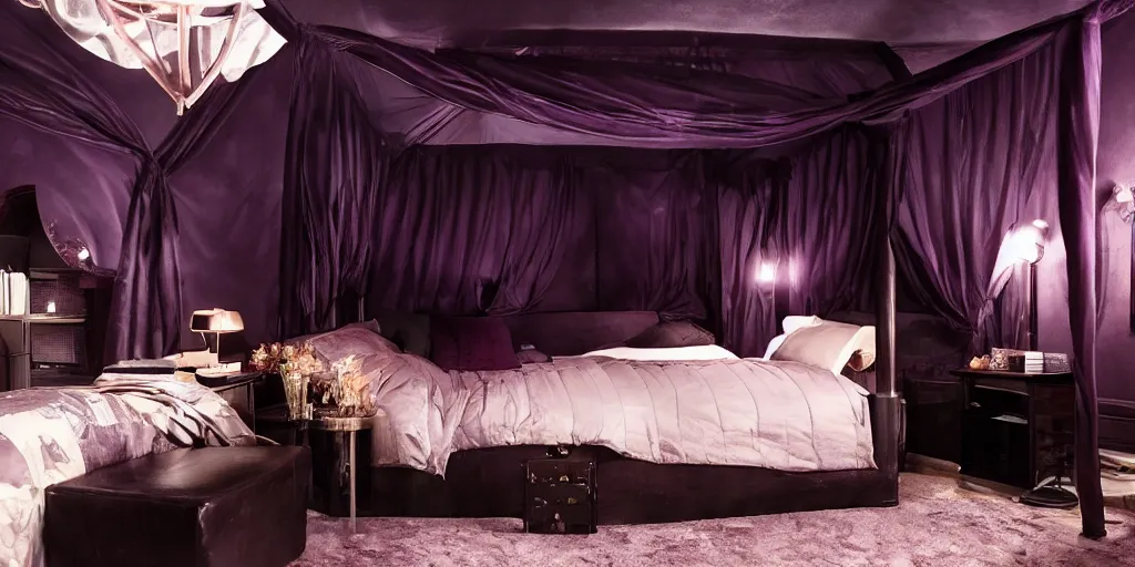 Image similar to night time, moody dark lighting, dark purple leather dungeon bedroom, blade runner 2 0 4 9, king size canopy bed