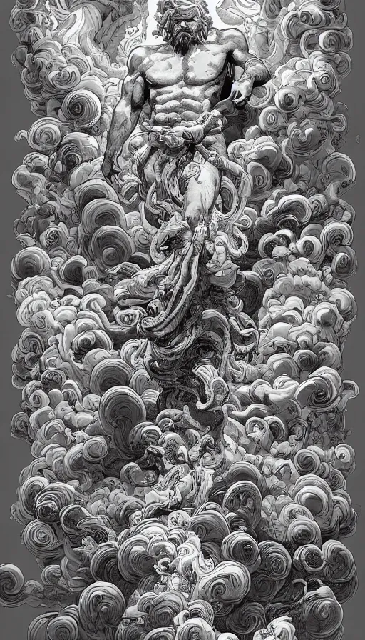Prompt: zeus, gods, cloudy,highly detailed, Digital painting, Refreshing, Trending on Artstation, Illustration by James Jean
