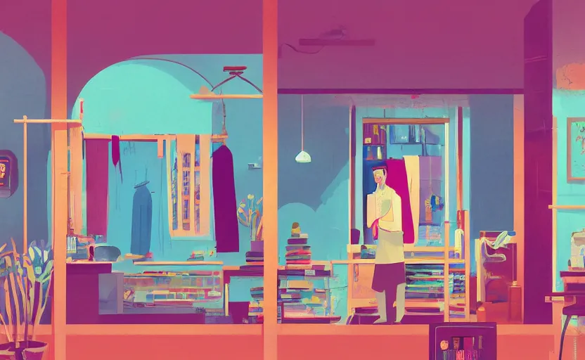 Image similar to interior of an indian tailor shop, james gilleard, print, game art