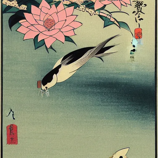 Prompt: a painting of flowers and a bird flying over a koi pond, a silk screen by ohara koson, pixiv contest winner, ukiyo - e, ukiyo - e, creative commons attribution, woodcut