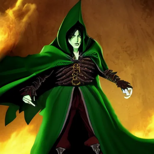 Prompt: Warlock, wearing dark green robes, controlling shadows, 4k, high detail in the style of the castlevania show
