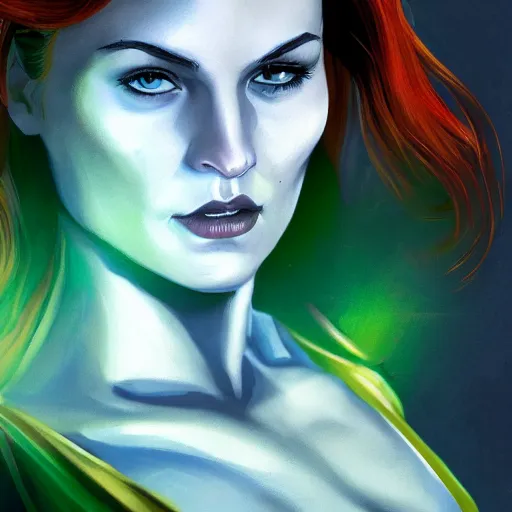 Image similar to jean grey, a half body portrait of jean grey, green eyes, comic, x - men, highly detailed, artstation, symetry, digital painting, vivid colors, realistic shaded perfect face, soft lighting, atmospheric, cinematic, moody, in the style of alex ross, oil on canvas, 8 k