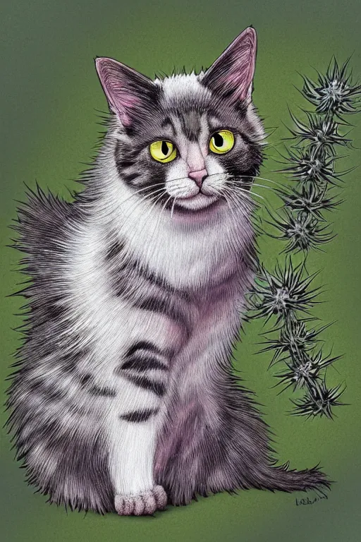 Prompt: a cat thistle hybrid, highly detailed, digital art, sharp focus, trending on art station, plant, anime art style