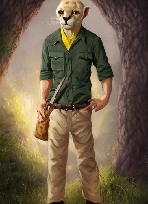 Prompt: fursona commission of a anthro albino mountain lion wearing a yellow button-down shirt and olive green slacks with suspenders. pretty, beautiful, DnD character art portrait, matte fantasy painting, DeviantArt Artstation, by Jason Felix by Steve Argyle by Tyler Jacobson by Peter Mohrbacher, cinematic lighting