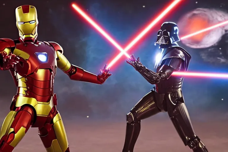 Image similar to a duel between iron man ( left ) and darth vader ( right ), in space, shot on alexa, 3 5 mm cooke, still from a movie, trending on hollywood reporter