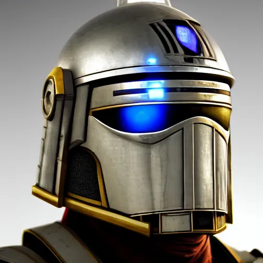 Prompt: realistic templar knight helm design inspired by r 2 d 2, epic scale, character concept art, face symmetry, intricate accurate details, artstation trending, octane render, cinematic color grading, soft light, rule of thirds, golden ratio, like a professional model, cinematic, 8 k, clear.