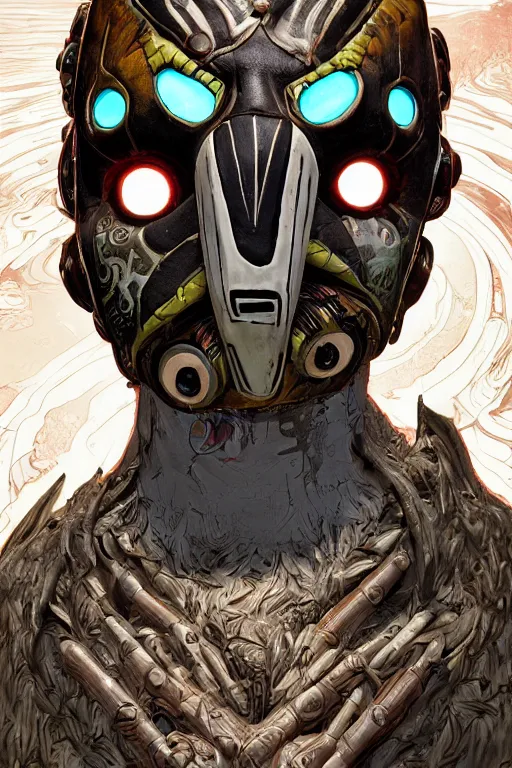 Image similar to tribal vodoo mask eye radiating a glowing aura global illumination ray tracing hdr fanart arstation by ian pesty and katarzyna da „ bek - chmiel that looks like it is from borderlands and by feng zhu and loish and laurie greasley, victo ngai, andreas rocha, john harris wooly hair cut feather stone