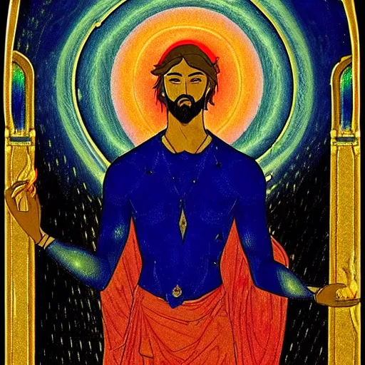 Image similar to what looked like a throne of lapis lazuli, and high above on the throne was a figure like that of a man. waist up, he looks like glowing metal, as if full of fire, and that from there down he looked like fire ; and brilliant light surrounded him. like the appearance of a rainbow in the clouds on a rainy day.