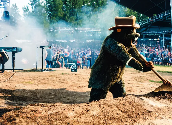 Prompt: photo still of smokey the bear on stage at vans warped tour!!!!!!!! at age 3 3 years old 3 3 years of age!!!!!!!! shredding a shovel, 8 k, 8 5 mm f 1. 8, studio lighting, rim light, right side key light