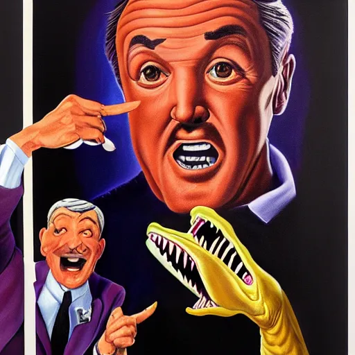 Image similar to beautiful lifelike painting of gene kelly demanding a refund on overcooked dinosaur steak in downtown dive bar bistro, hyperreal detailed facial features and uv lighting, art by ed roth and basil wolverton