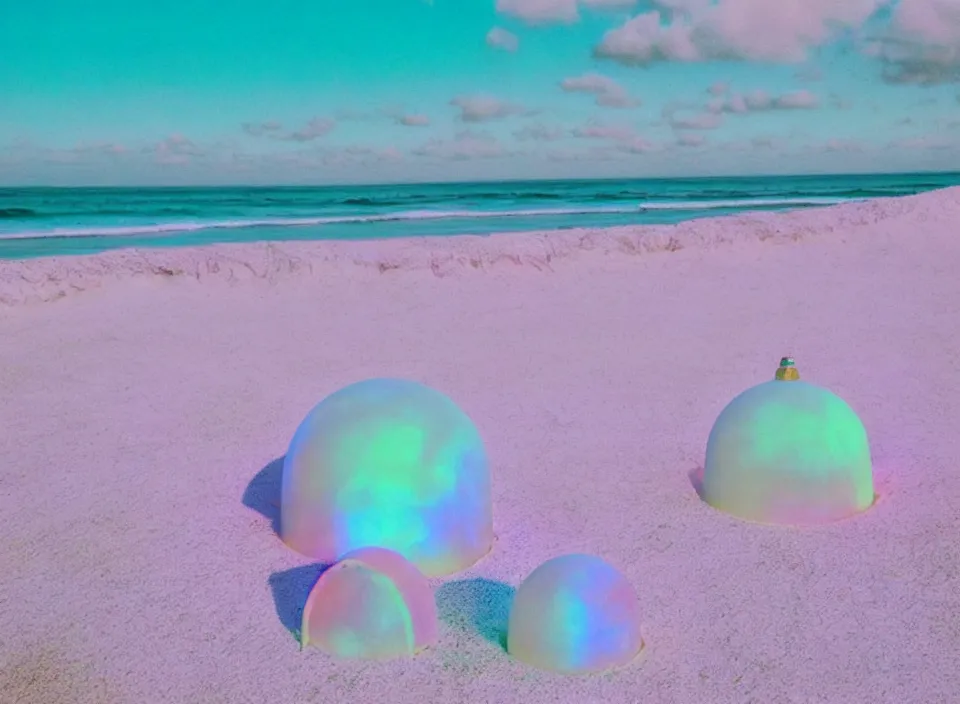 Image similar to a pastel coloured vintage family holiday photo of an empty beach from an alien dreamstate world with chalky pink iridescent!! sand, reflective lavender ocean water, dim bioluminescent plant life and an igloo shaped shiny plastic transparent festival box speakers!!. glare. refraction, volumetric light.