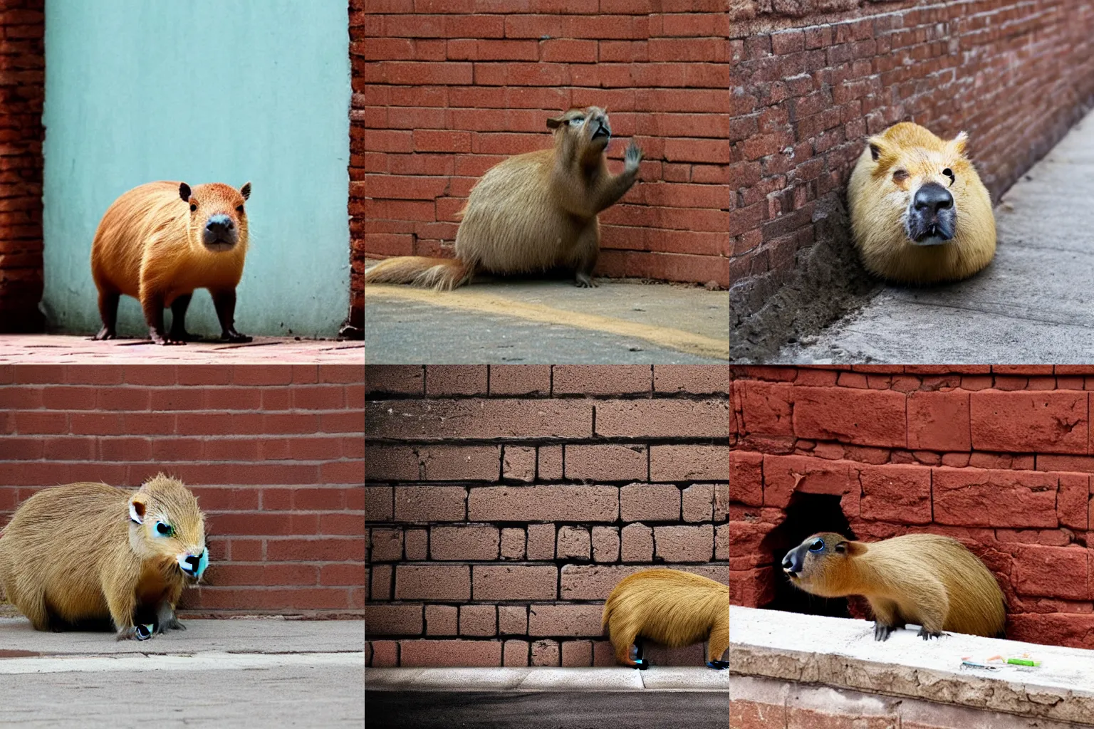 Prompt: Capybara breaking through brick wall, movie scene