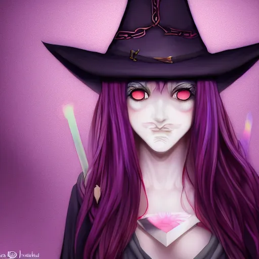 Prompt: card art of a young female occult magician with dark purple hair, pale skin, extra wide witch hat, character design, well-endowed, realistic face, symmetrical face, eyes rolled back, digital painting, anime visual style, game art, matte, soft lighting, tonemapping, highly detailed, sharp focus, realism, vibrant colors, ArtStation, trending on ArtStation, DeviantArt, Zeronis