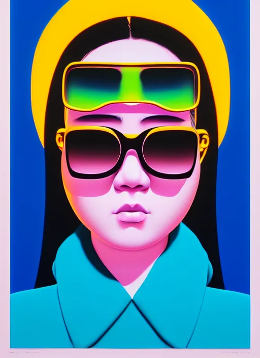 Image similar to cute girl with shades by shusei nagaoka, kaws, david rudnick, airbrush on canvas, pastell colours, cell shaded, 8 k