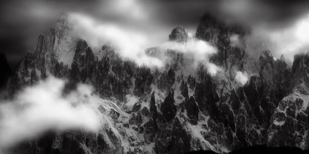 Prompt: dolomite mountain ripping through clouds, dolomites in background, dark, eerie, despair, portrait photography, artstation, adward winning, artstation, highly detailed, sharp focus, by caravaggio