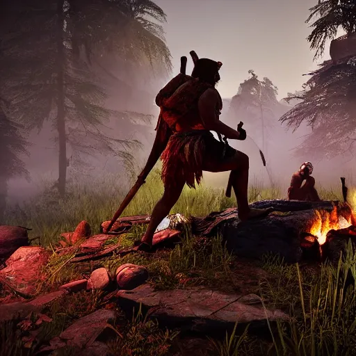 Image similar to spartan high on peyote at jungle campfire below full moon in the style of far cry primal and game of thrones, warm lighting, 8 k