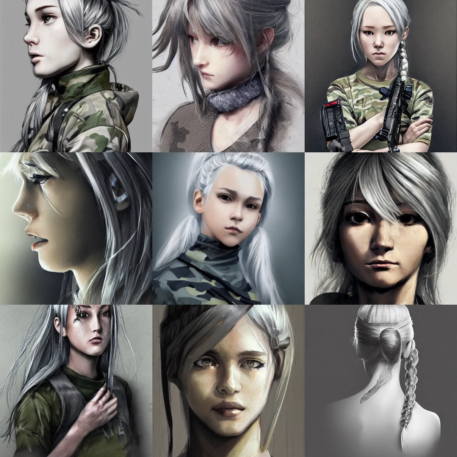 Prompt: girl, silver hair (ponytail), multicam (camo), trending on artstation, detailed, cinematic portrait, ilustration by Takehiko Inoue