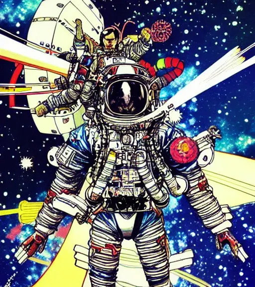 Prompt: psychedelic astronaut samurai riding on the top of a rocketship, comic book art, by yoji shinkawa and takehiko inoue and kim jung gi, masterpiece, perfect