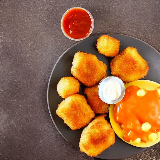 Image similar to food photo of channing tatum's face as giant tater tot on a plate with ketchup