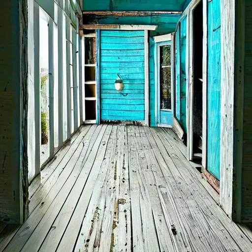 Image similar to seaside wickered furniture, cool morning, open breezeway, blue hour, old weathered wood, solitude and safety forever